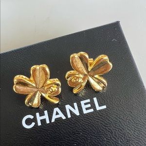 Small Vintage Chanel Gold CC Logo Clover Stud Earrings
